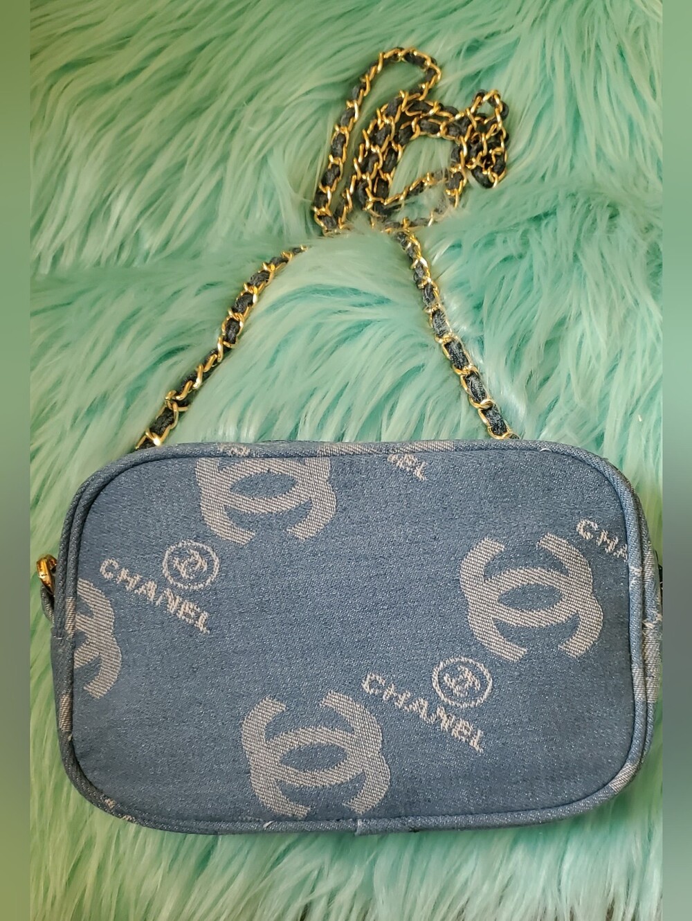 Light Blue Denim Bag, Denim & Gold Chain
